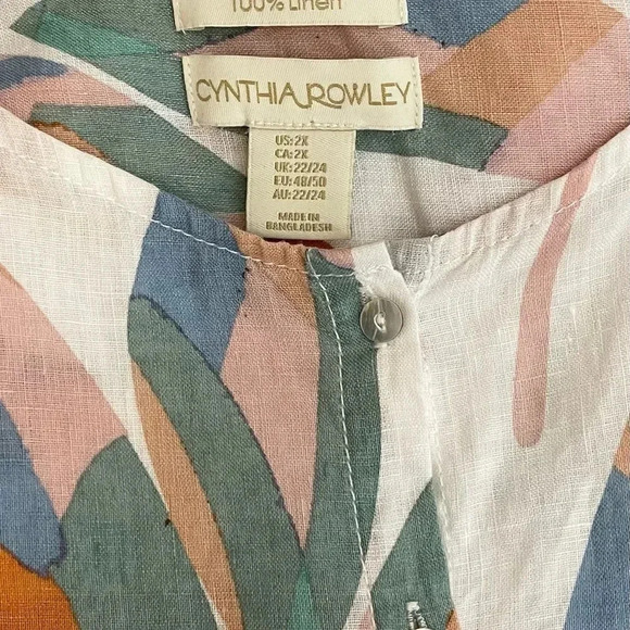 Cynthia Rowley Linen Floral Top Size 2X Roll Tab Sleeve Tunic Shell Buttons - Picture 6 of 7